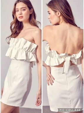 American Threads Cassandra Dress Strapless Ruffle Ivory Back Cutout Mini 4/6